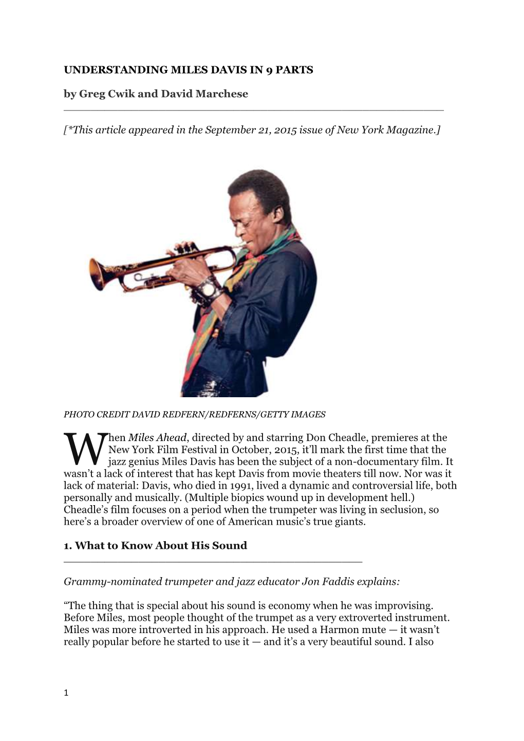 UNDERSTANDING MILES DAVIS in 9 PARTS by Greg Cwik and David Marchese ______