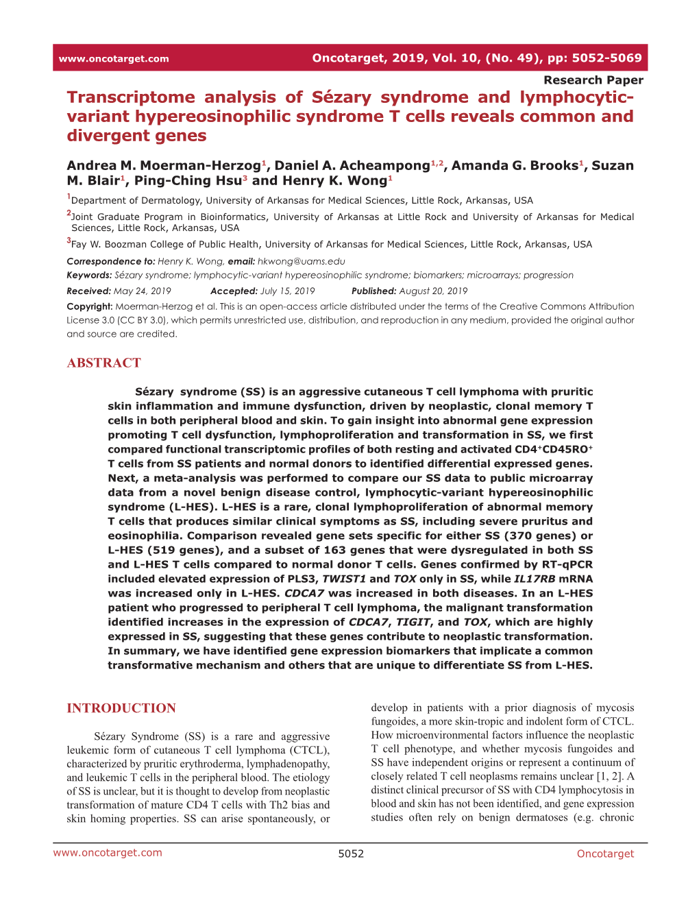 Transcriptome Analysis of Sézary Syndrome and Lymphocytic- Variant Hypereosinophilic Syndrome T Cells Reveals Common and Divergent Genes