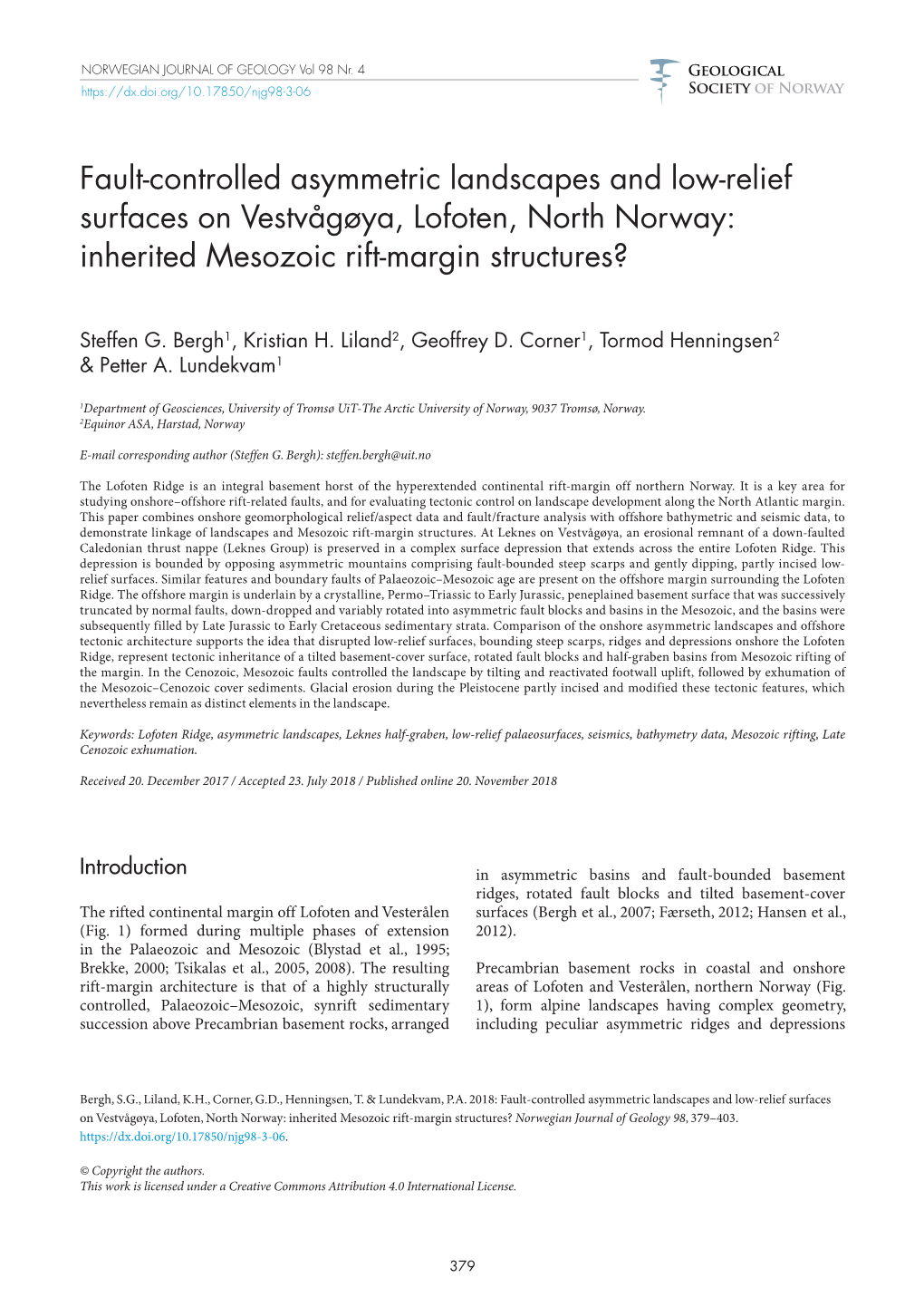 Fault-Controlled Asymmetric Landscapes and Low-Relief Surfaces on Vestvågøya, Lofoten, North Norway: Inherited Mesozoic Rift-Margin Structures?