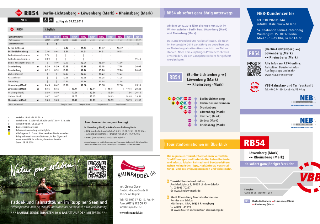 RB54 Berlin-Lichtenberg > Löwenberg (Mark) > Rheinsberg (Mark) RB54 Ab Sofort Ganzjährig Unterwegs NEB-Kundencenter