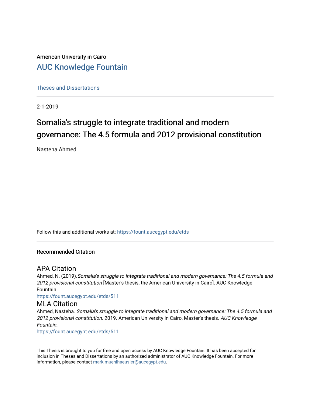 Somalia's Struggle to Integrate Traditional and Modern Governance: the 4.5 Formula and 2012 Provisional Constitution