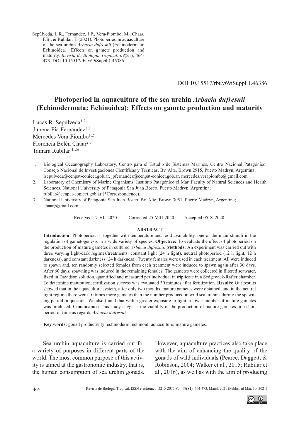 Photoperiod in Aquaculture of the Sea Urchin Arbacia Dufresnii (Echinodermata: Echinoidea): Effects on Gamete Production and Maturity