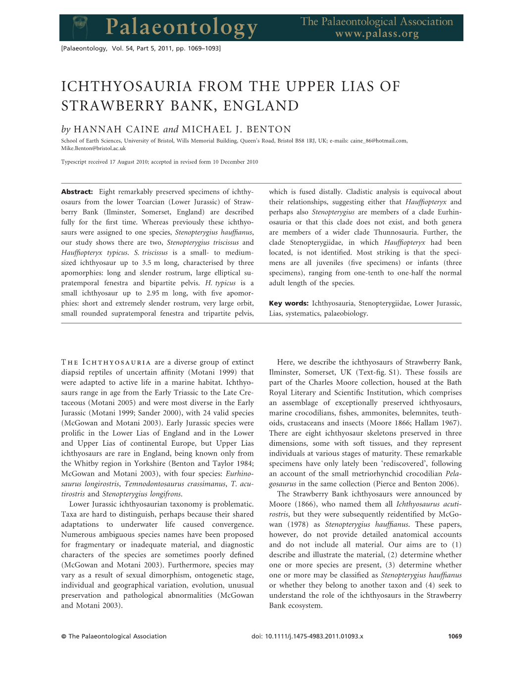 ICHTHYOSAURIA from the UPPER LIAS of STRAWBERRY BANK, ENGLAND by HANNAH CAINE and MICHAEL J