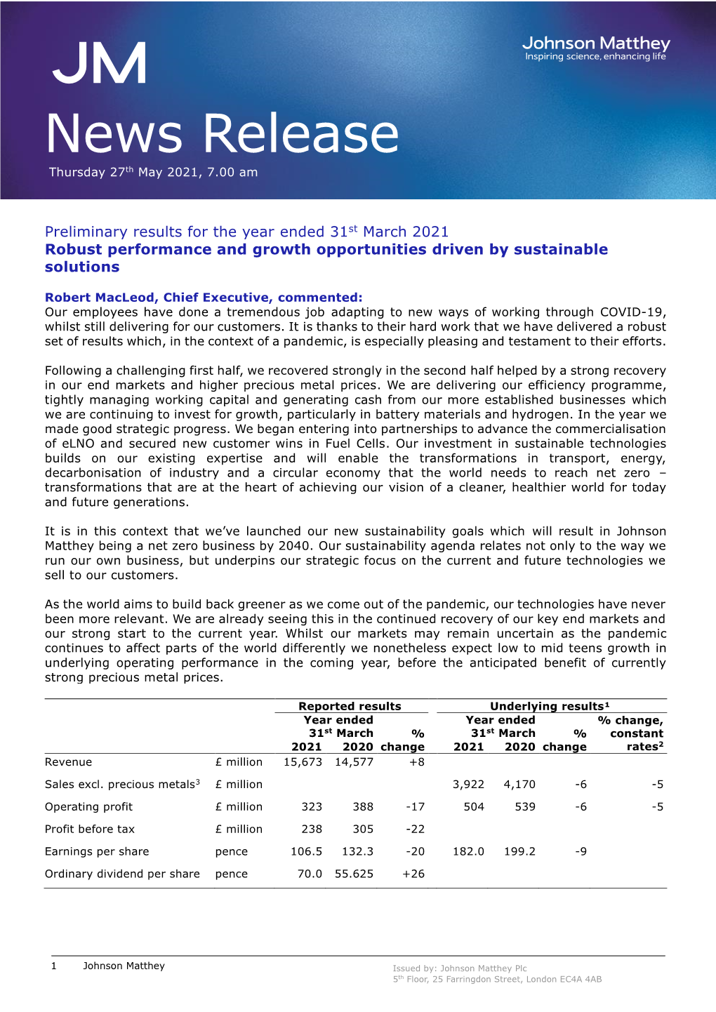 Preliminary Results for the Year Ended 31St March 2021 Robust Performance and Growth Opportunities Driven by Sustainable Solutions