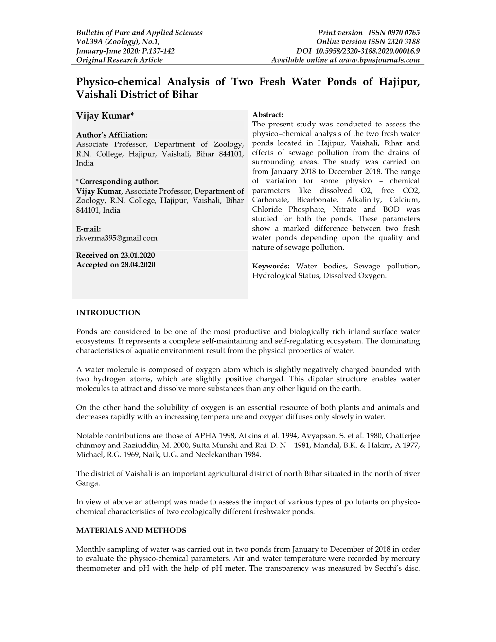 Physico-Chemical Analysis of Two Fresh Water Ponds of Hajipur, Vaishali District of Bihar