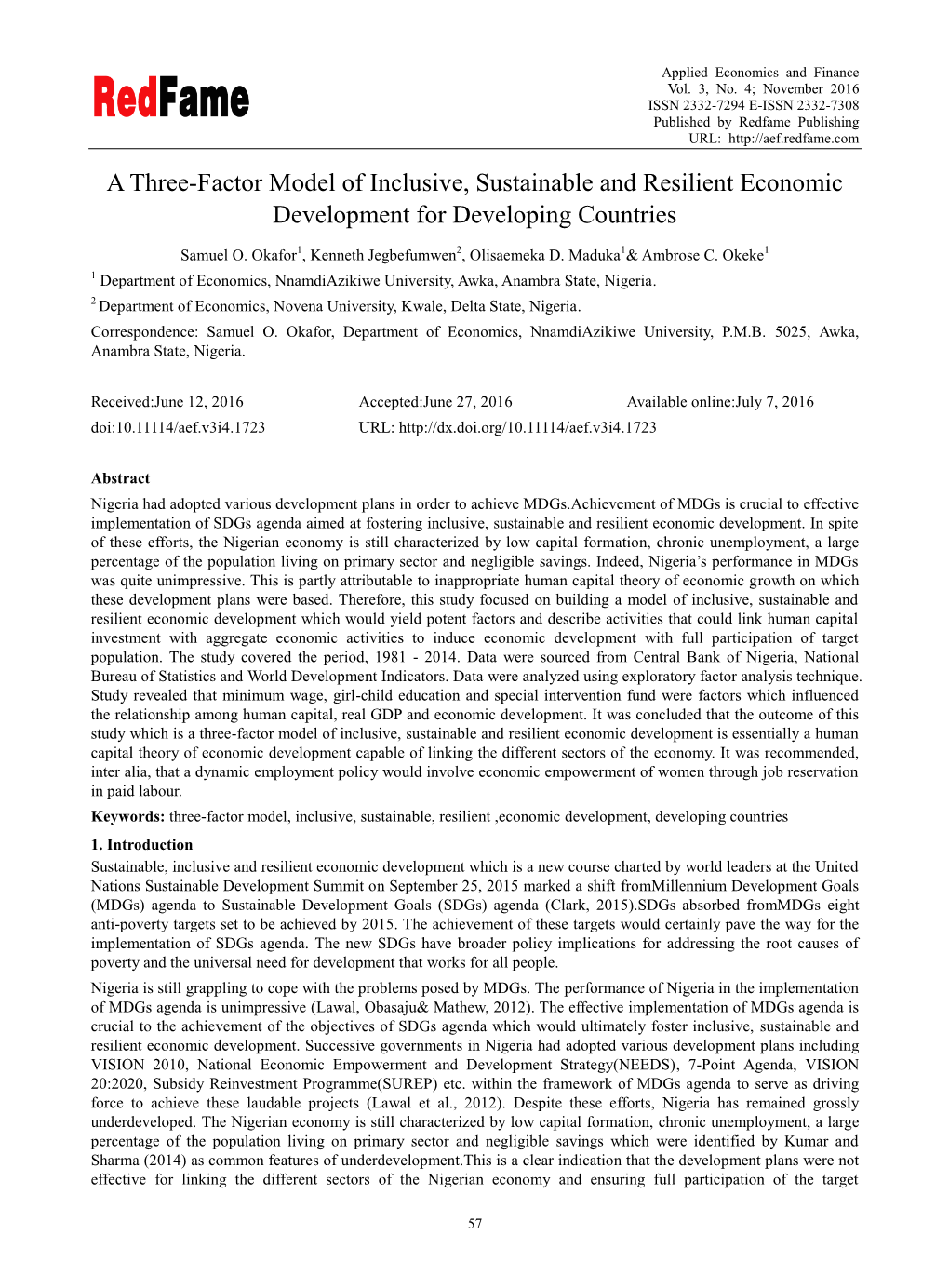 A Three-Factor Model of Inclusive, Sustainable and Resilient Economic Development for Developing Countries