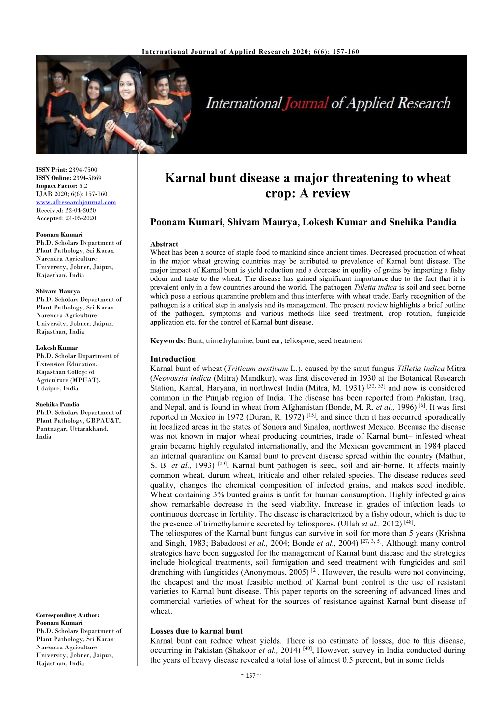 Karnal Bunt Disease a Major Threatening to Wheat Crop: a Review