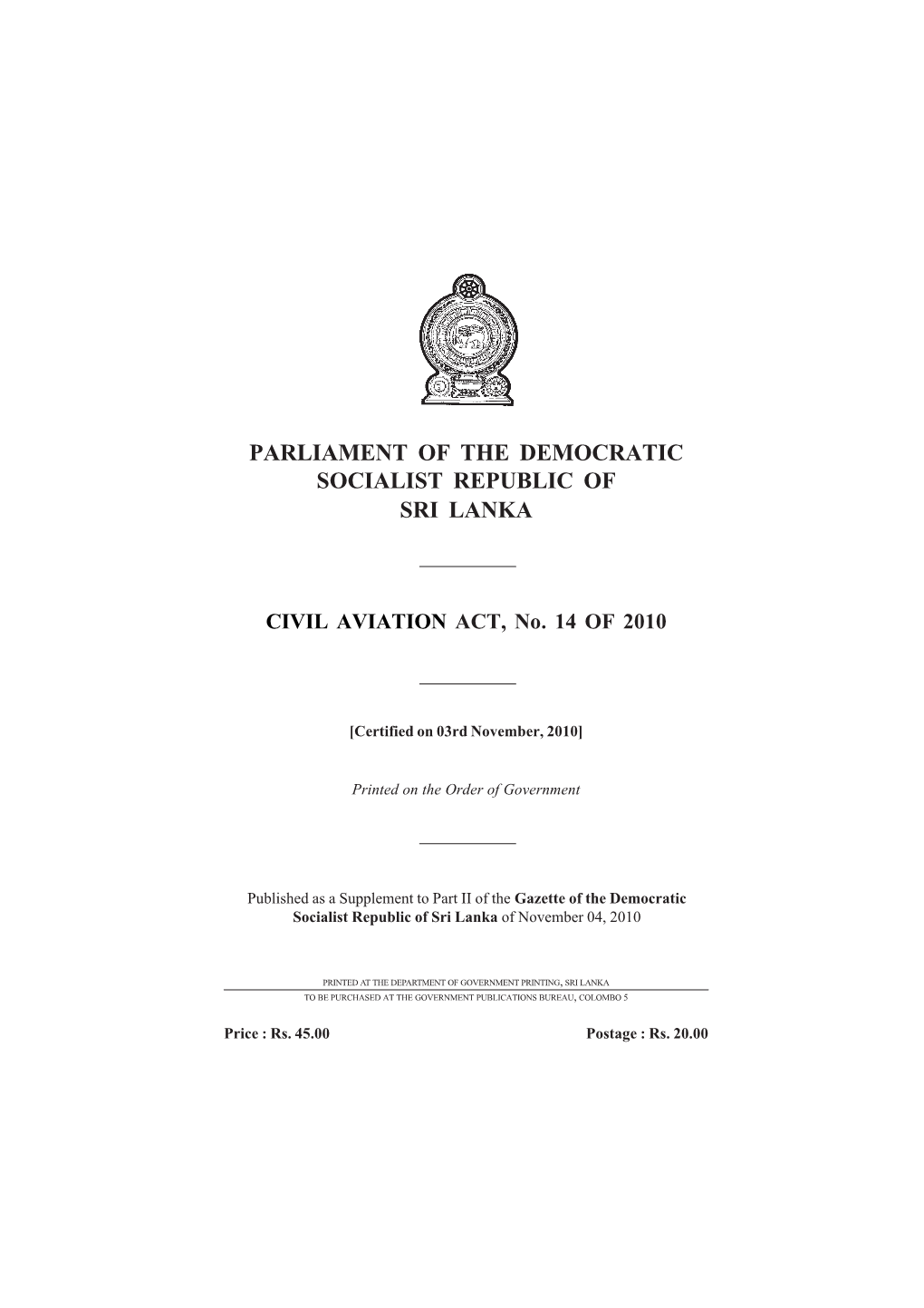 CIVIL AVIATION ACT, No. 14 of 2010