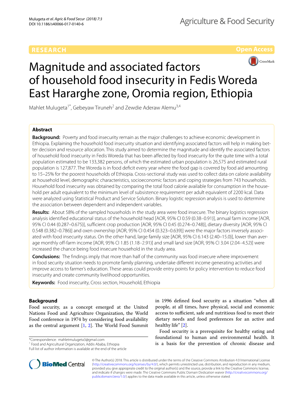 Magnitude and Associated Factors of Household Food Insecurity in Fedis