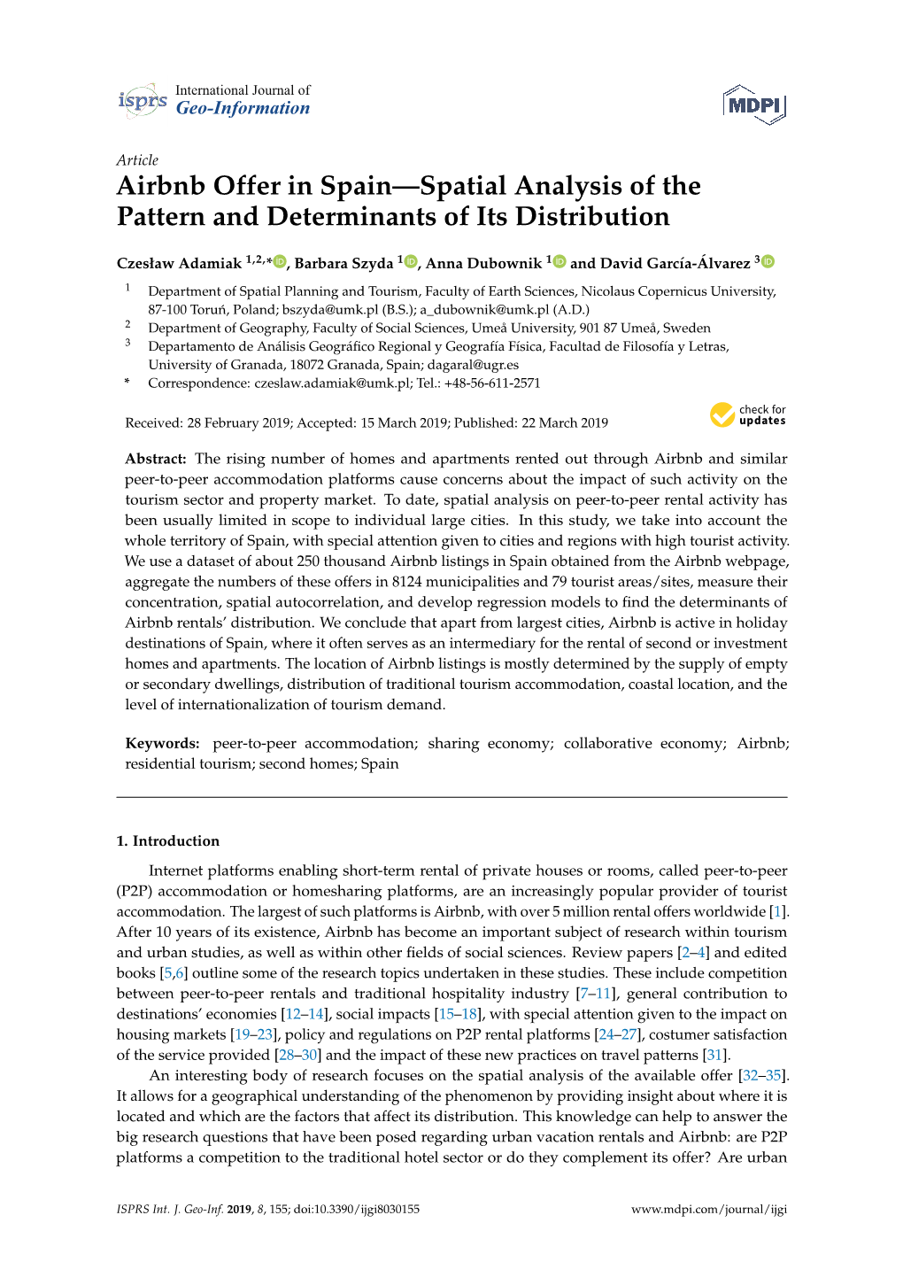 Airbnb Offer in Spain—Spatial Analysis of the Pattern and Determinants of Its Distribution