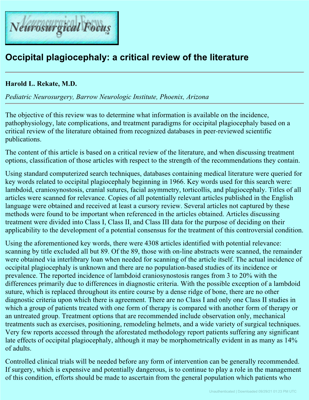 Occipital Plagiocephaly: a Critical Review of the Literature