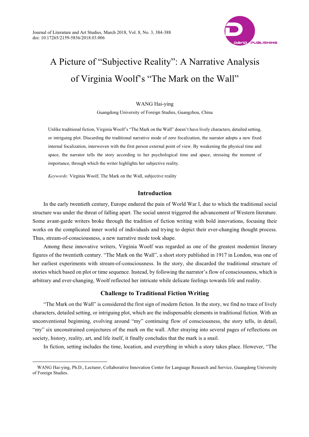 A Narrative Analysis of Virginia Woolf's “The Mark on the Wall”