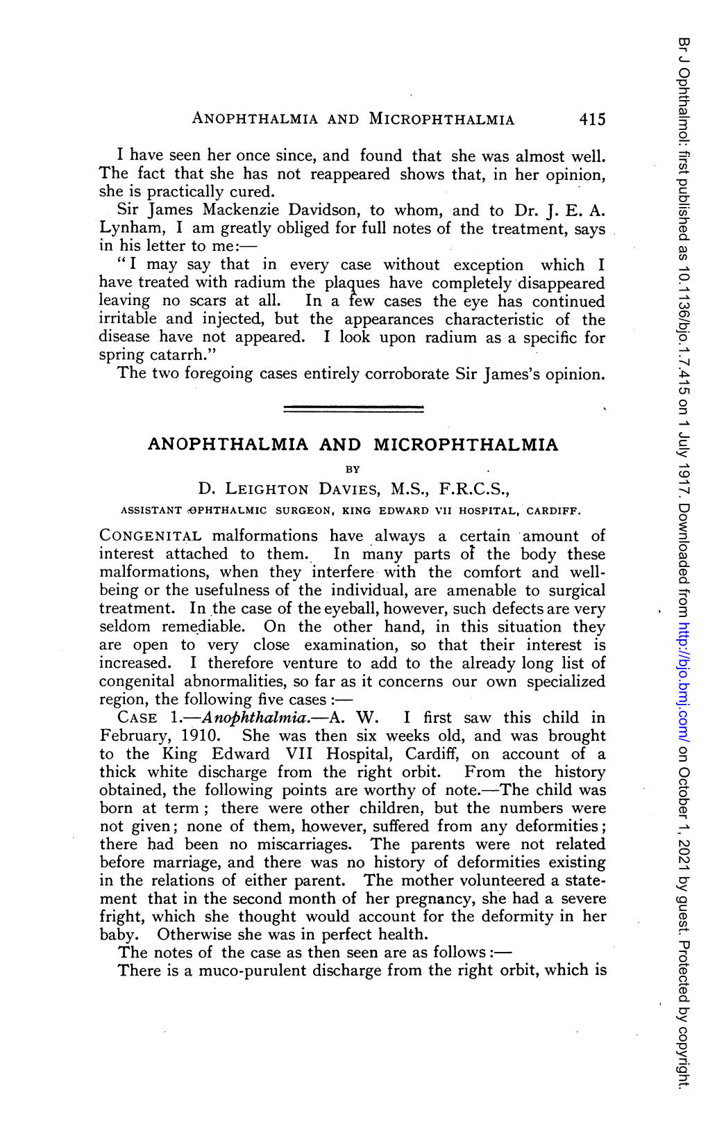 ANOPHTHALMIA and MICROPHTHALMIA 415 I Have Seen Her Once Since, and Found That She Was Almost Well