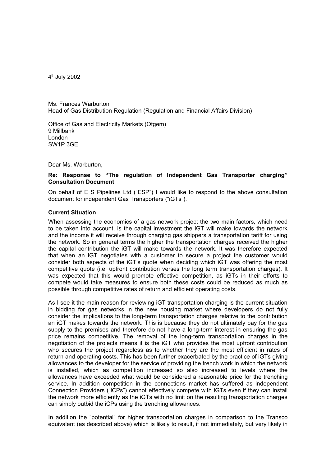 ES Pipelines Ltd - the Regulation of Independent Gas Transporter Charging