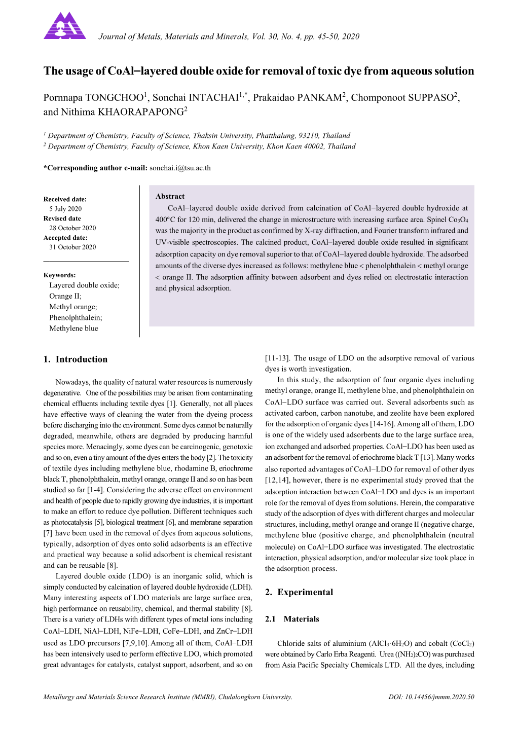 The Usage of Coal-Layered Double Oxide for Removal of Toxic Dye From