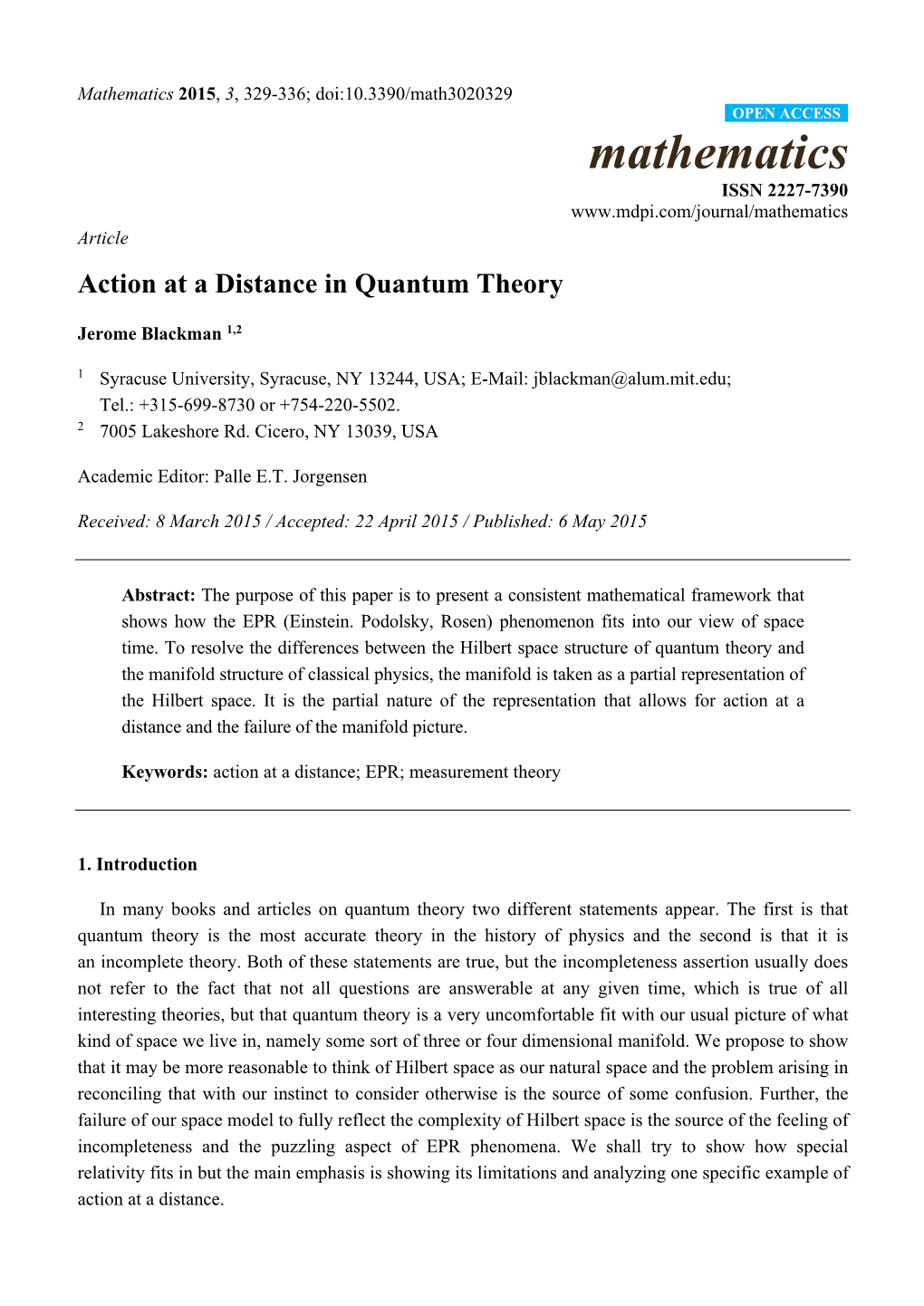 Action at a Distance in Quantum Theory