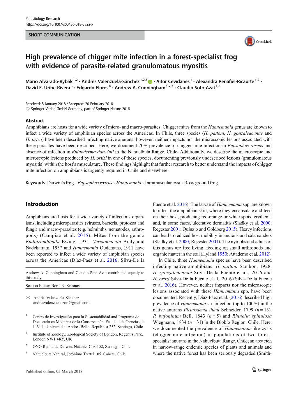 High Prevalence of Chigger Mite Infection in a Forest-Specialist Frog with Evidence of Parasite-Related Granulomatous Myositis