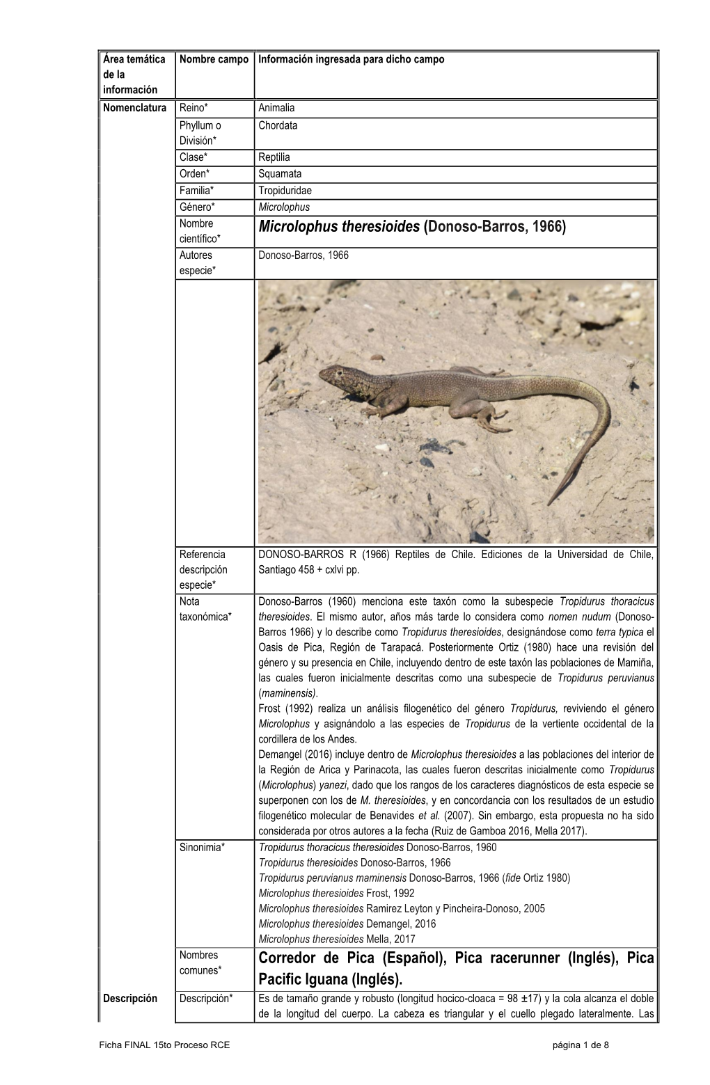 Microlophus Theresioides (Donoso-Barros, 1966) Científico* Autores Donoso-Barros, 1966 Especie*