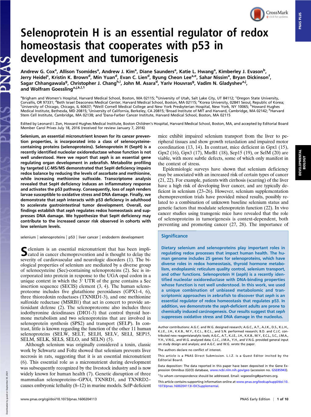 Selenoprotein H Is an Essential Regulator of Redox Homeostasis That