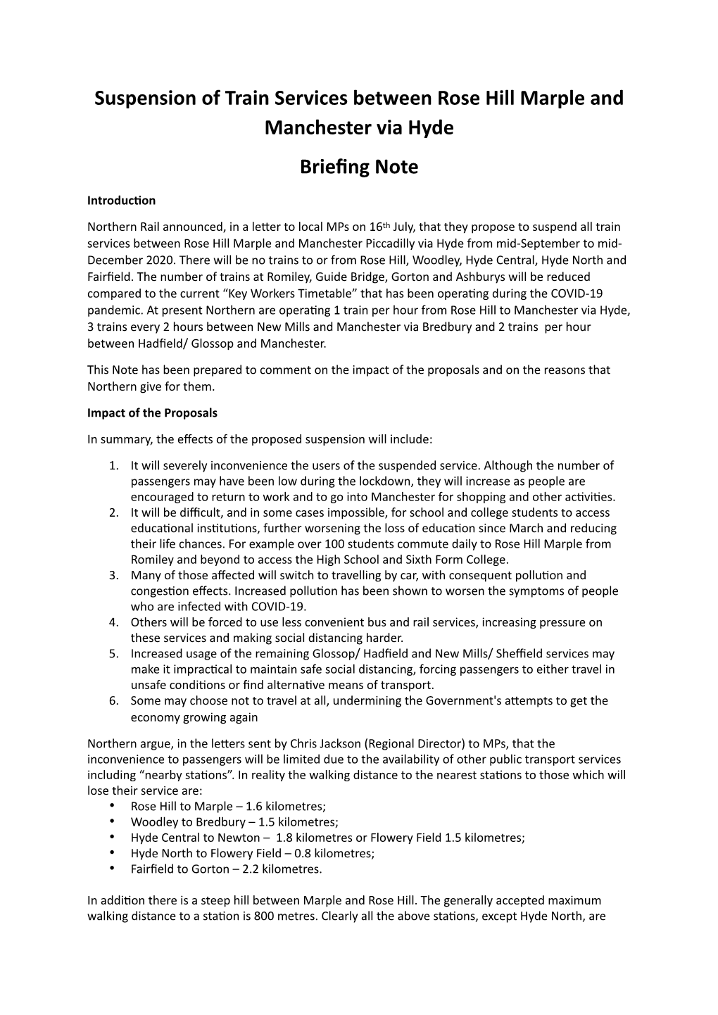 Rose Hill Suspension Briefing Note