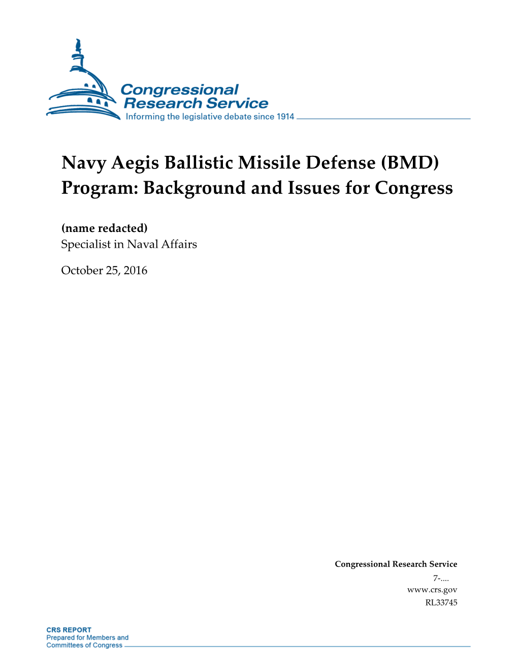 Navy Aegis Ballistic Missile Defense (BMD) Program: Background and Issues for Congress