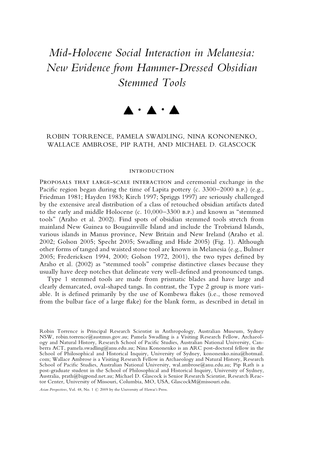 Mid-Holocene Social Interaction in Melanesia: New Evidence from Hammer-Dressed Obsidian Stemmed Tools