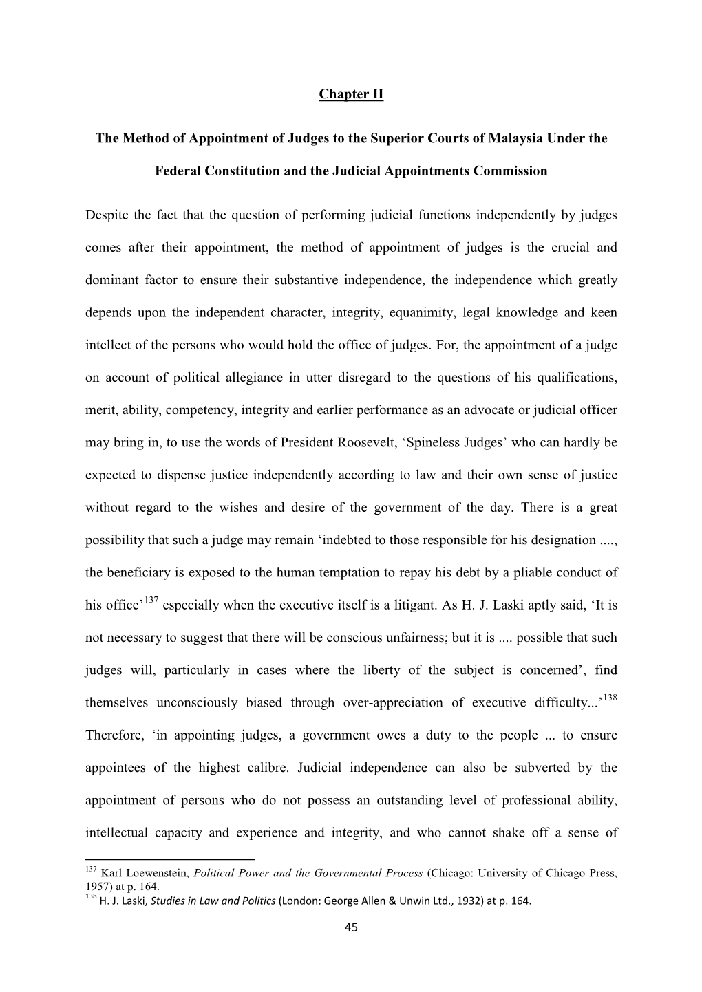 Chapter II the Method of Appointment of Judges to the Superior Courts of Malaysia Under the Federal Constitution and the Judicia