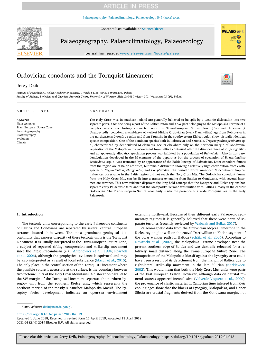 Ordovician Conodonts and the Tornquist Lineament T Jerzy Dzik