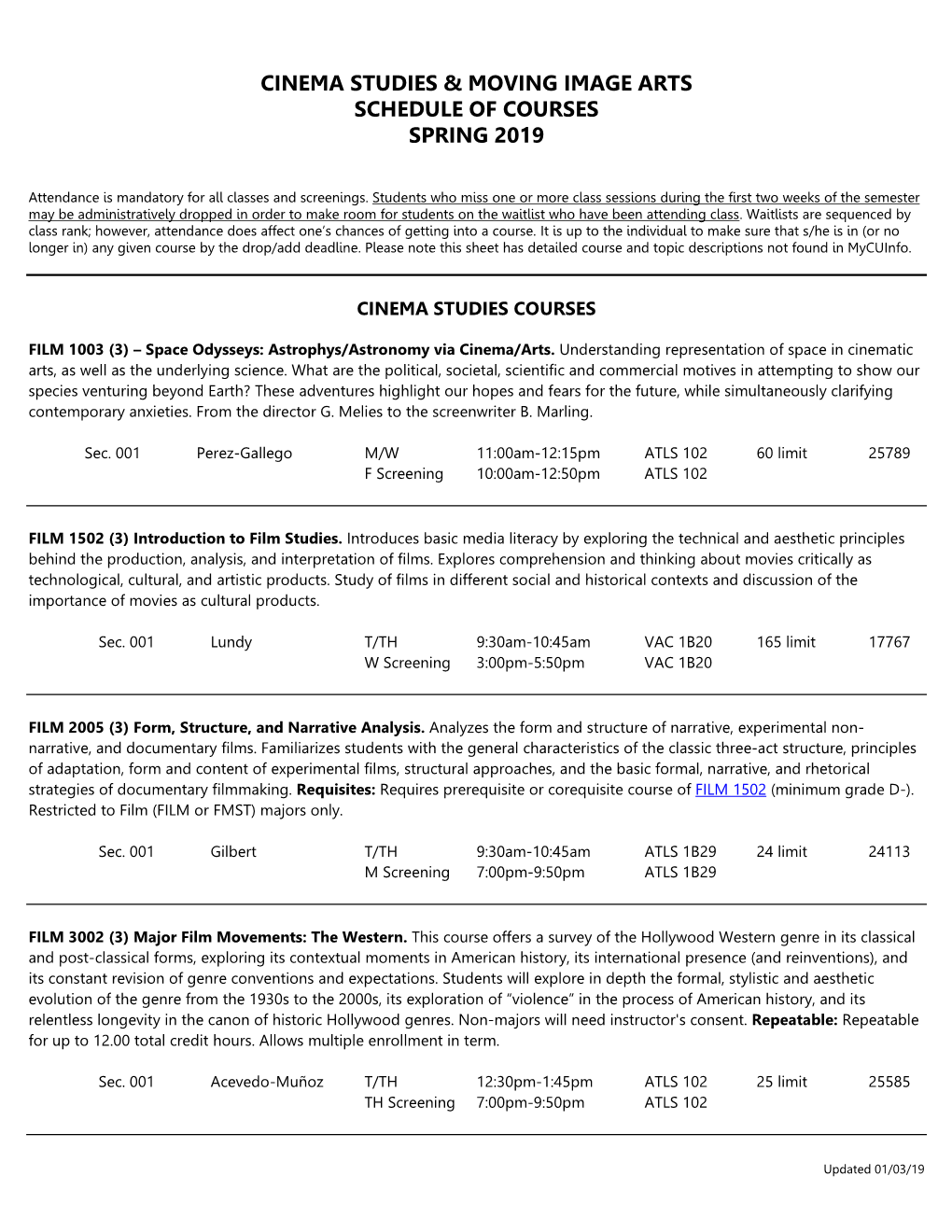 Cinema Studies & Moving Image Arts Schedule of Courses