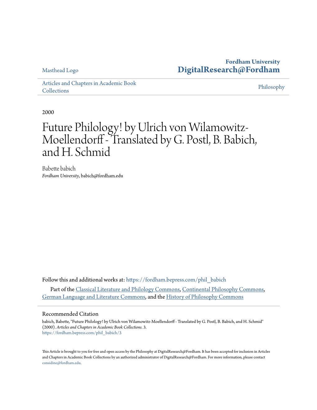 Future Philology! by Ulrich Von Wilamowitz-Moellendorff - Rt Anslated by G