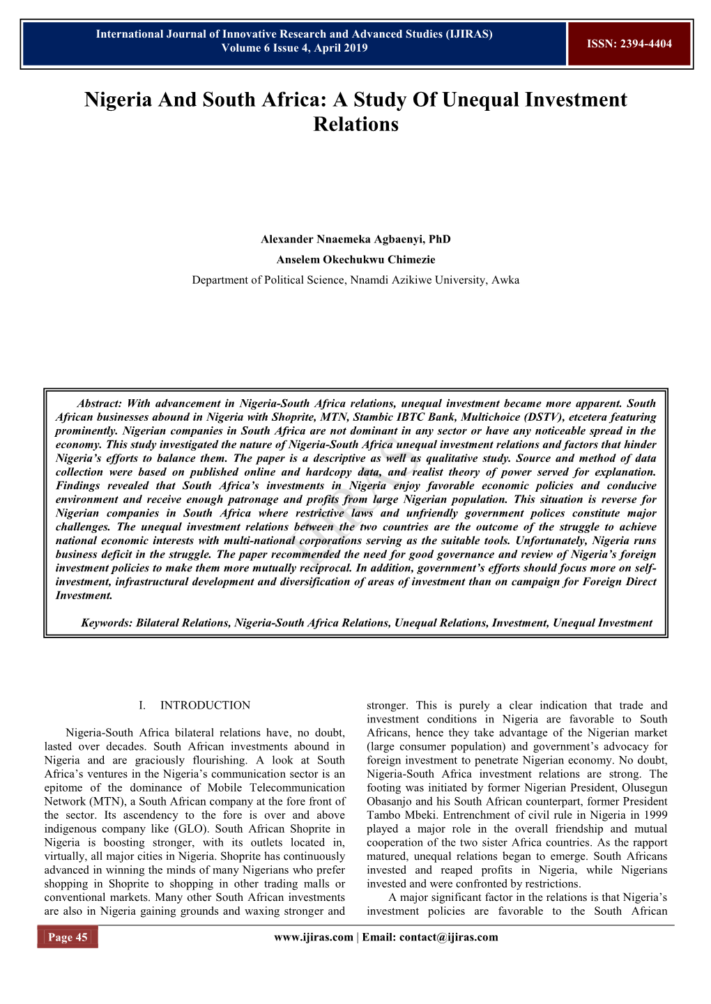 Nigeria and South Africa: a Study of Unequal Investment Relations