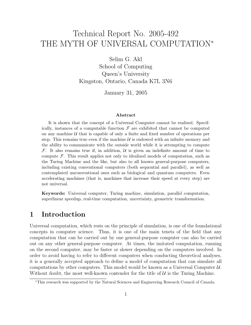 Technical Report No. 2005-492 the MYTH of UNIVERSAL COMPUTATION∗