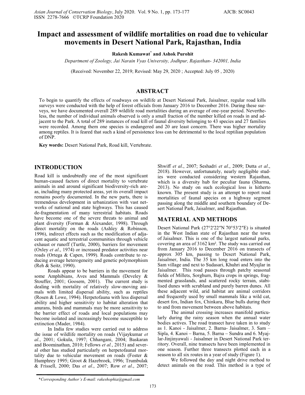 Impact and Assessment of Wildlife Mortalities on Road Due to Vehicular Movements in Desert National Park, Rajasthan, India