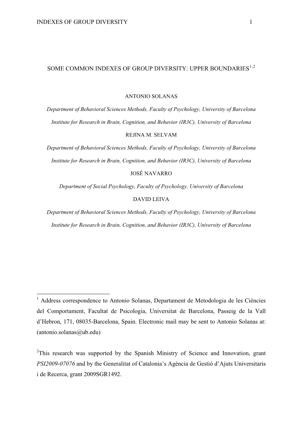 Indexes of Group Diversity 1 Some Common Indexes Of