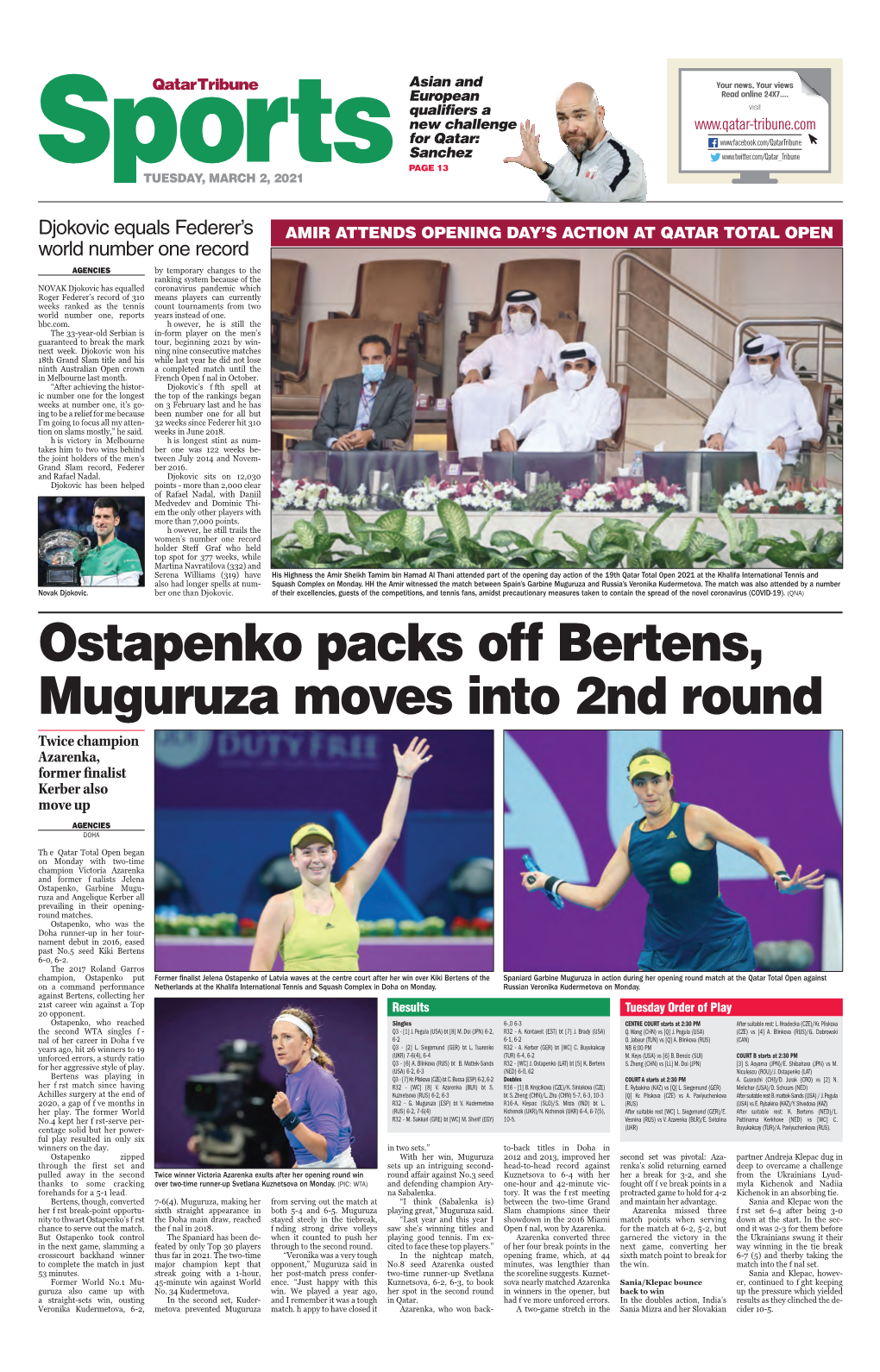 Ostapenko Packs Off Bertens, Muguruza Moves Into 2Nd Round Twice Champion Azarenka, Former Finalist Kerber Also Move up Agencies Doha