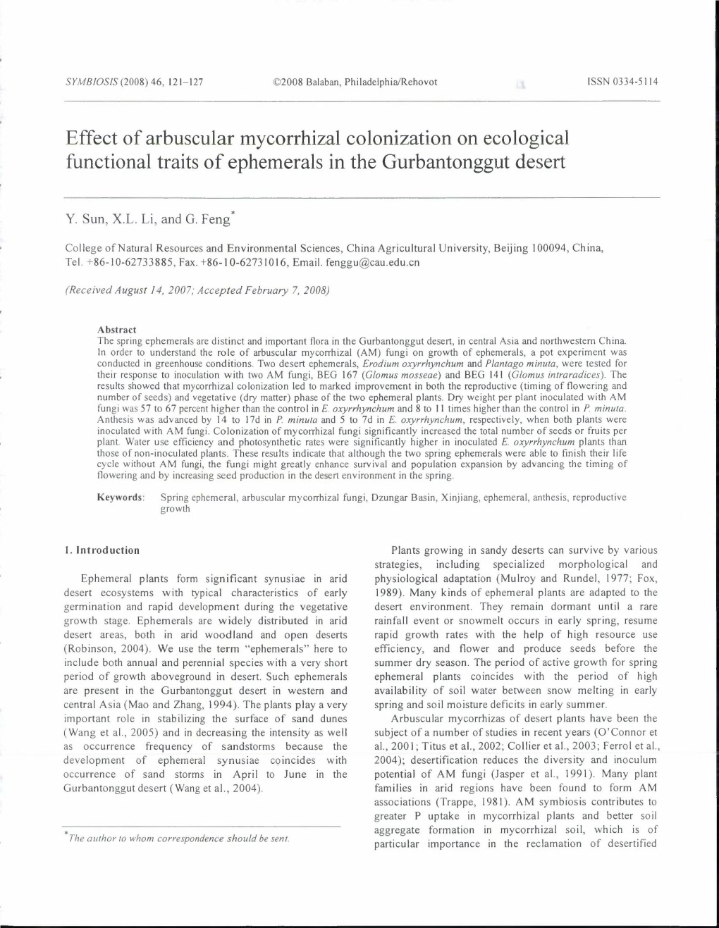 Effect of Arbuscular Mycorrhizal Colonization on Ecological Functional Traits of Ephemerals in the Gurbantonggut Desert