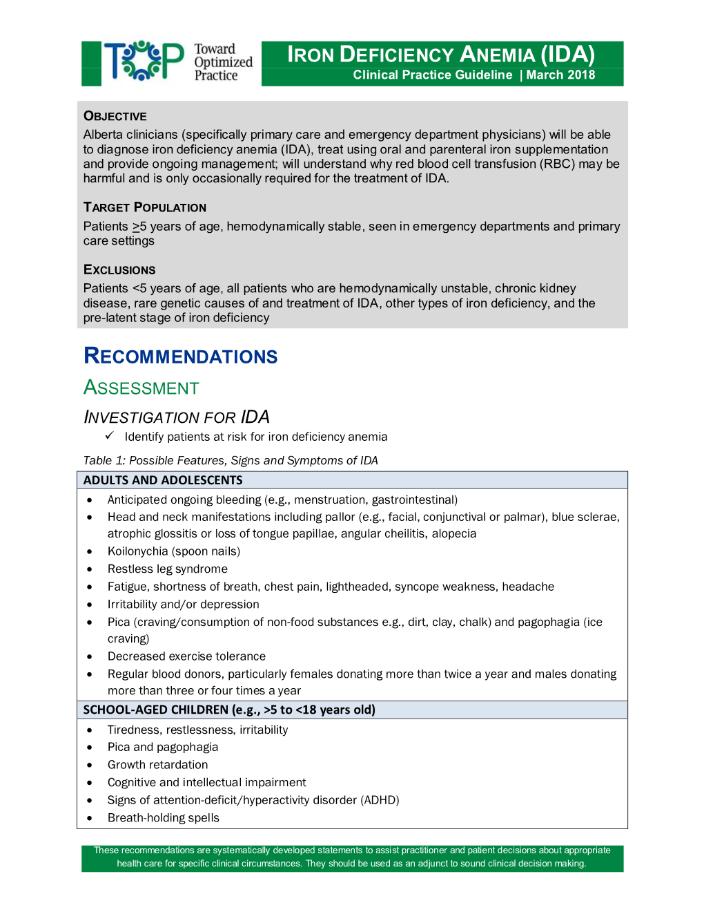 Iron Deficiency Anemia (Ida) Recommendations