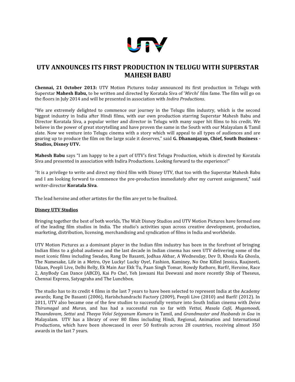 Utv Announces Its First Production in Telugu with Superstar Mahesh Babu