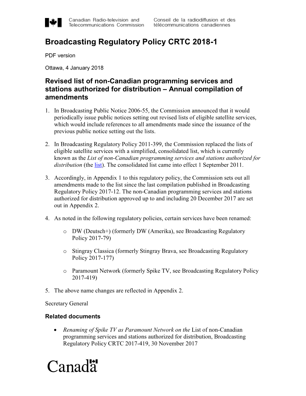 Broadcasting Regulatory Policy CRTC 2018-1