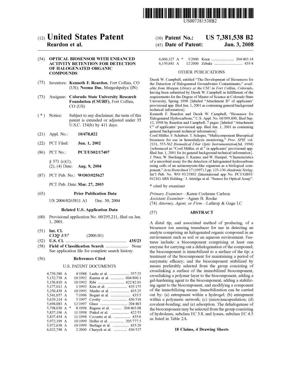 (12) United States Patent (10) Patent No.: US 7,381,538 B2 Reardon Et Al