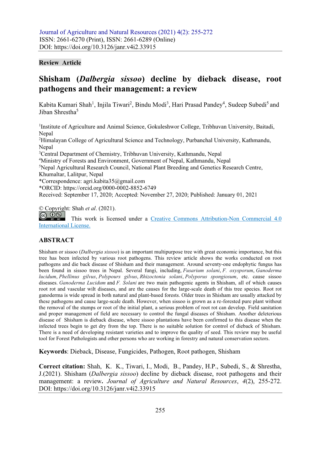 Shisham (Dalbergia Sissoo) Decline by Dieback Disease, Root Pathogens and Their Management: a Review