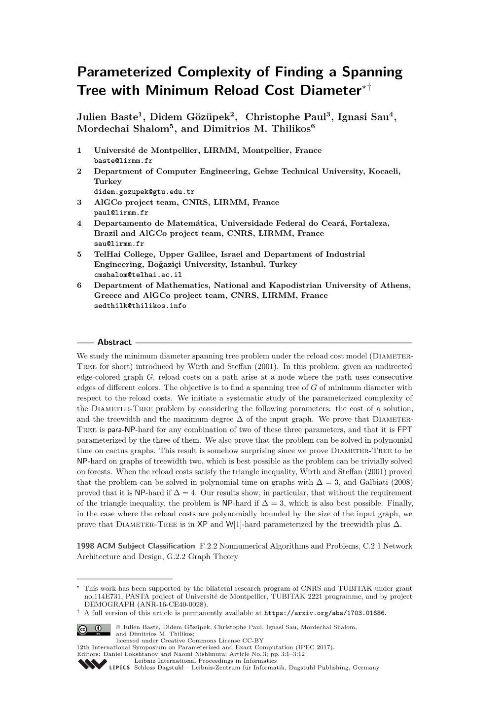 Parameterized Complexity of Finding a Spanning Tree with Minimum Reload Cost Diameter∗†