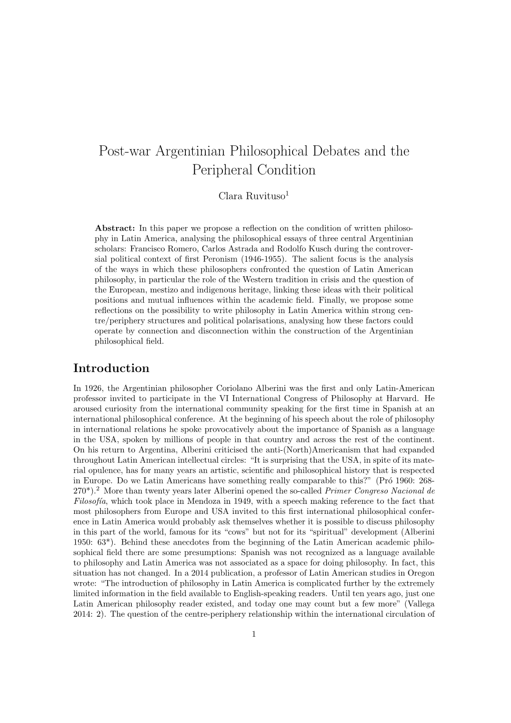 Post-War Argentinian Philosophical Debates and the Peripheral Condition