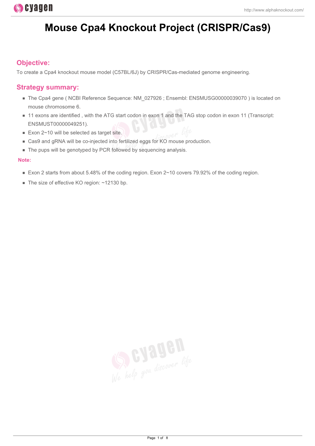 Mouse Cpa4 Knockout Project (CRISPR/Cas9)