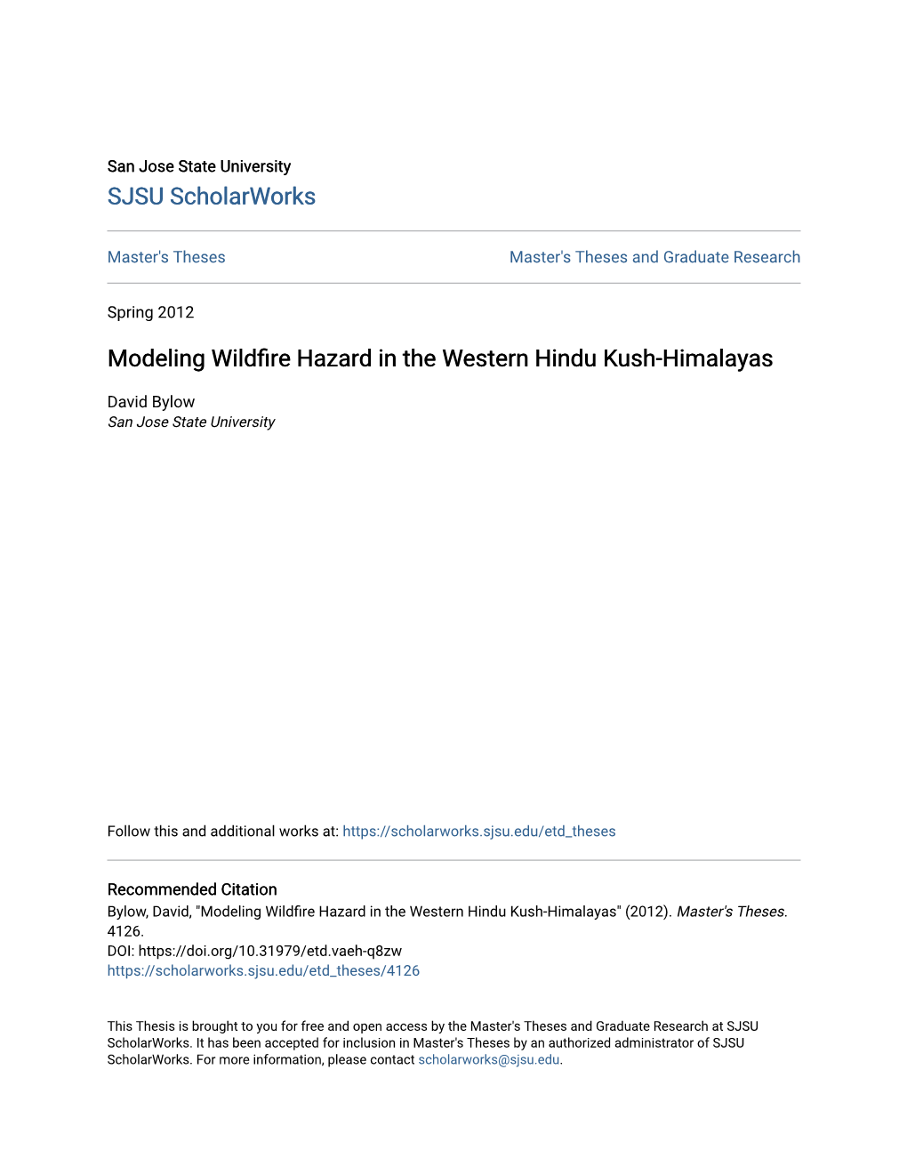 Modeling Wildfire Hazard in the Western Hindu Kush-Himalayas