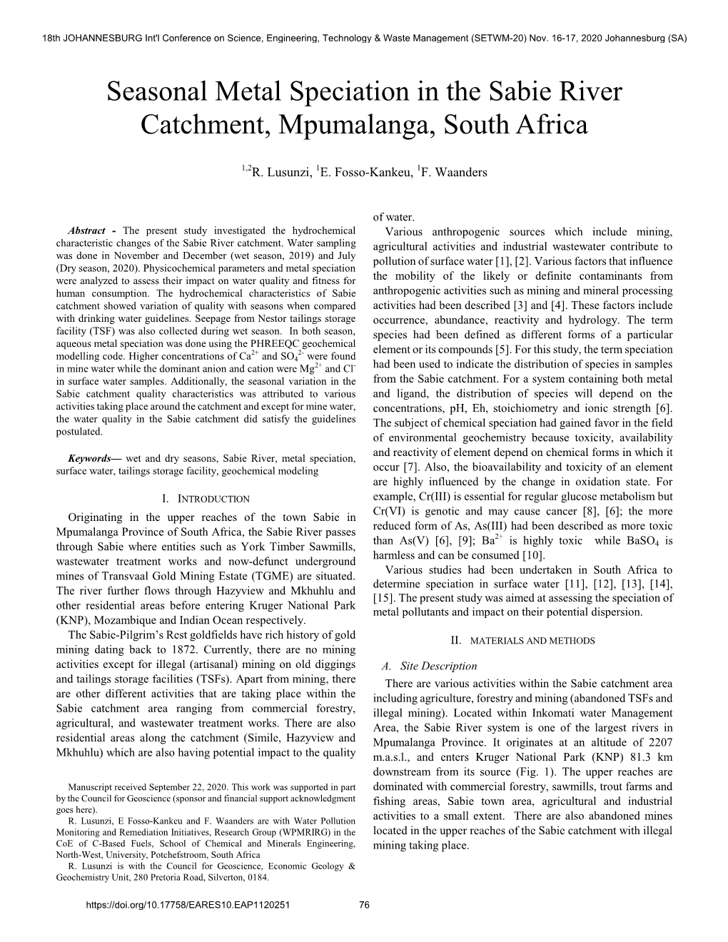 Seasonal Metal Speciation in the Sabie River Catchment, Mpumalanga, South Africa