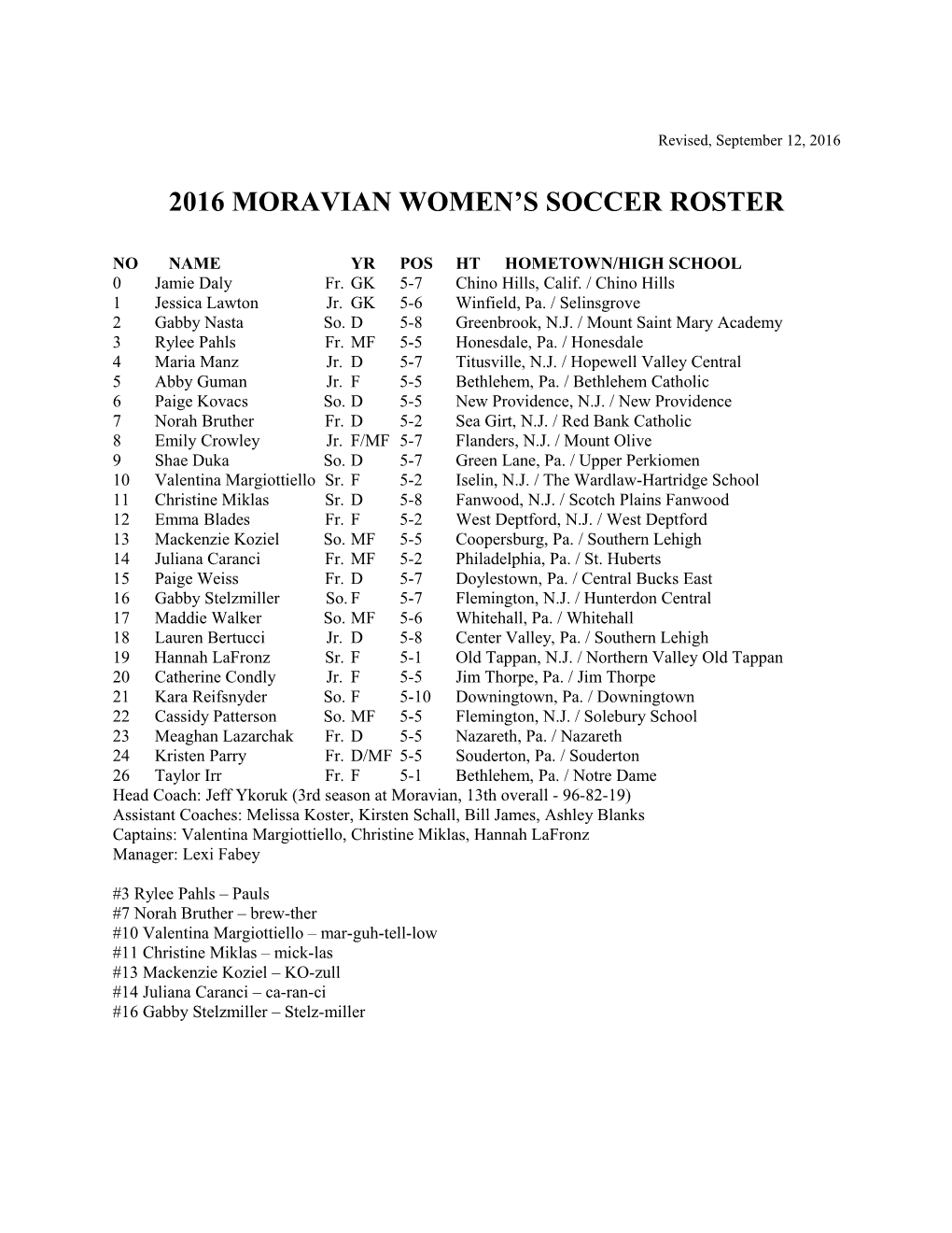 2016 Moravian Women S Soccer Roster