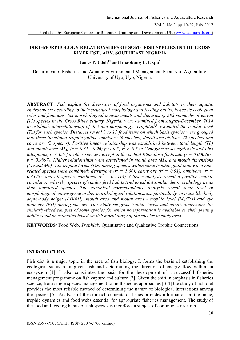 Diet-Morphology Relationships of Some Fish Species in the Cross River Estuary, Southeast Nigeria