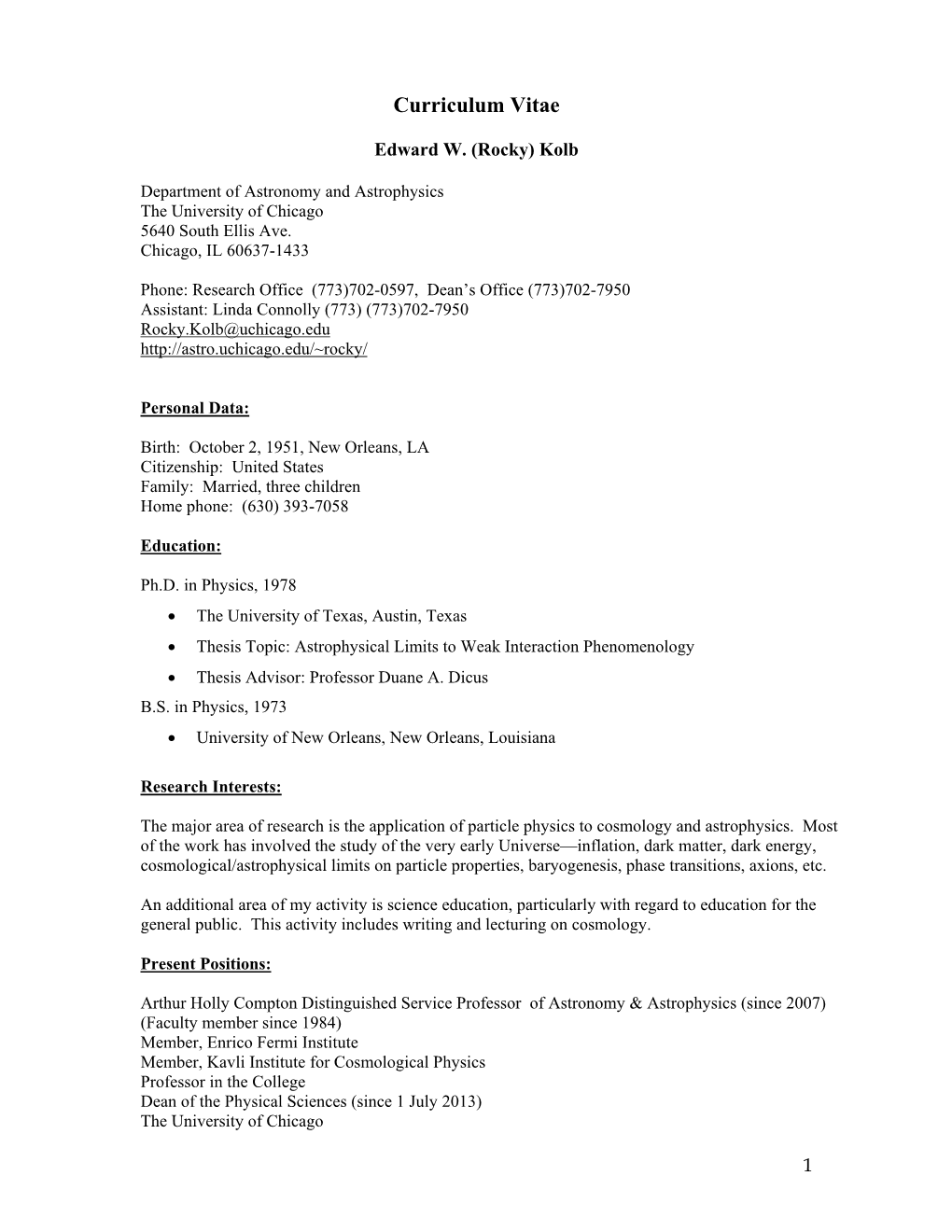 Curriculum Vitae – Edward W. (Rocky) Kolb