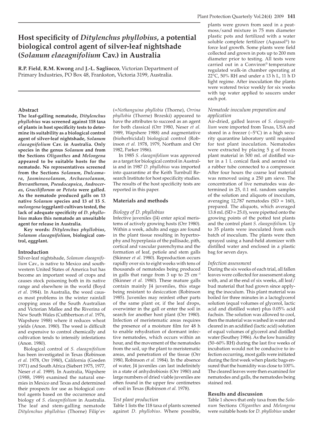 Host Specificity of Ditylenchus Phyllobius, a Potential Biological